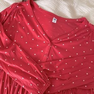 Pink and white polka dot long-sleeved swing top